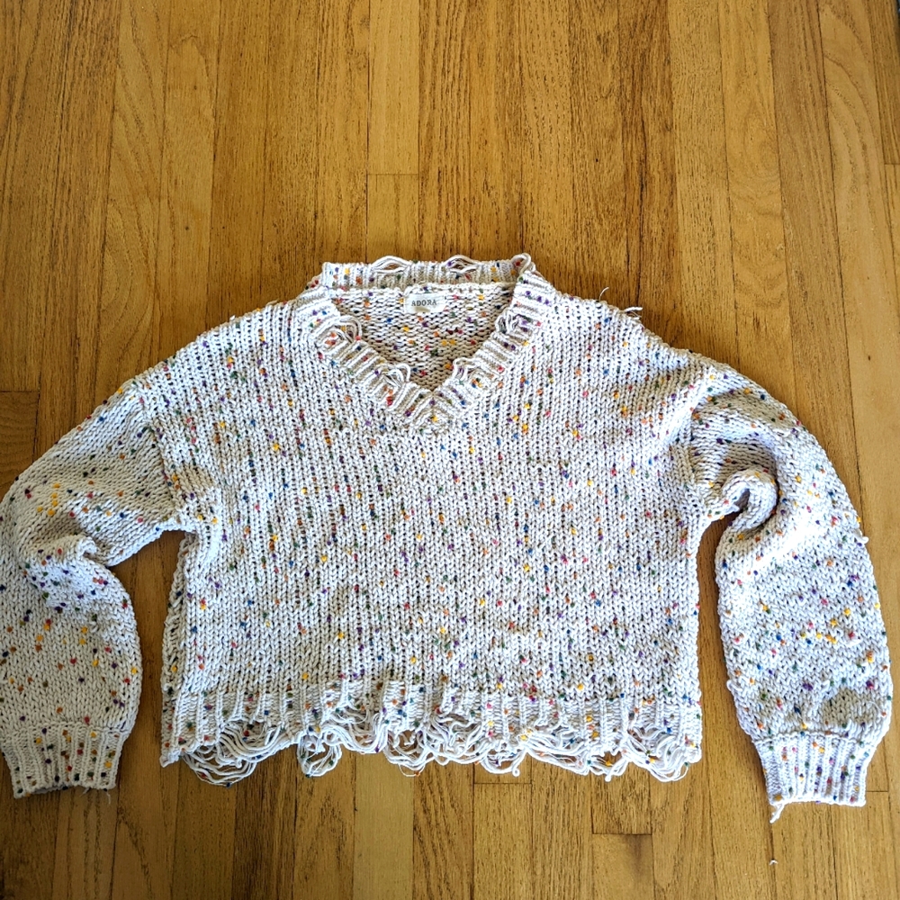 Adora Distressed Cropped Knit Sweater Size Small